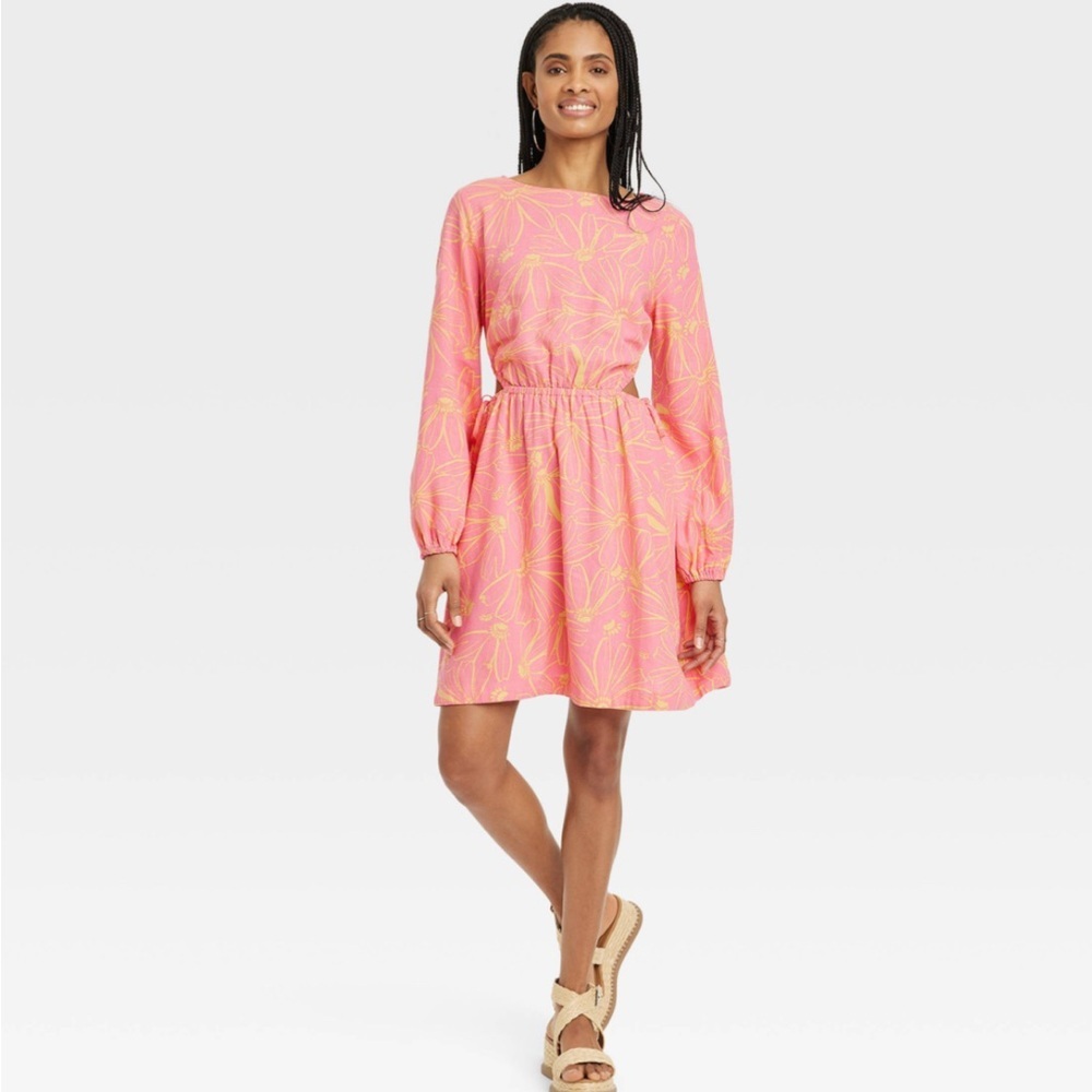 Universal Thread Cottagecore Floral Mini Dress Womens XL Pink Yellow Linen Blend